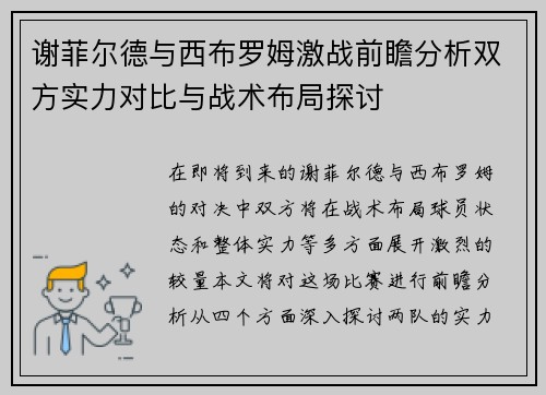 谢菲尔德与西布罗姆激战前瞻分析双方实力对比与战术布局探讨