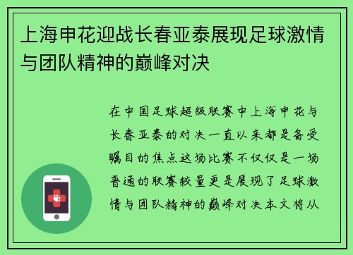 上海申花迎战长春亚泰展现足球激情与团队精神的巅峰对决