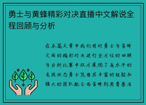 勇士与黄蜂精彩对决直播中文解说全程回顾与分析
