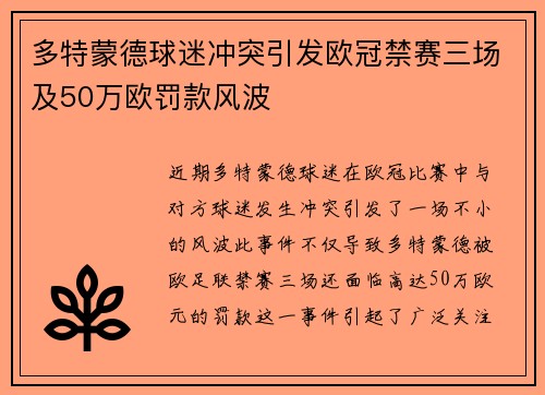 多特蒙德球迷冲突引发欧冠禁赛三场及50万欧罚款风波