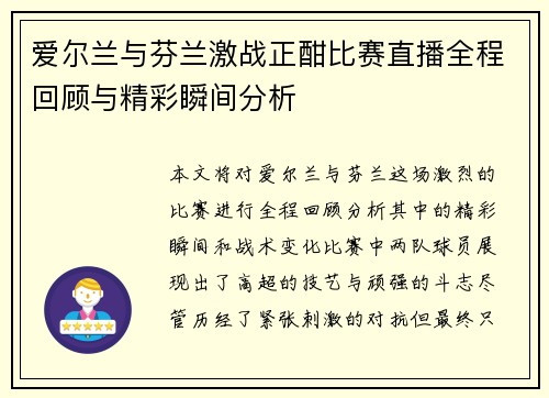 爱尔兰与芬兰激战正酣比赛直播全程回顾与精彩瞬间分析