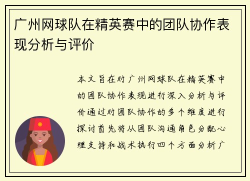 广州网球队在精英赛中的团队协作表现分析与评价