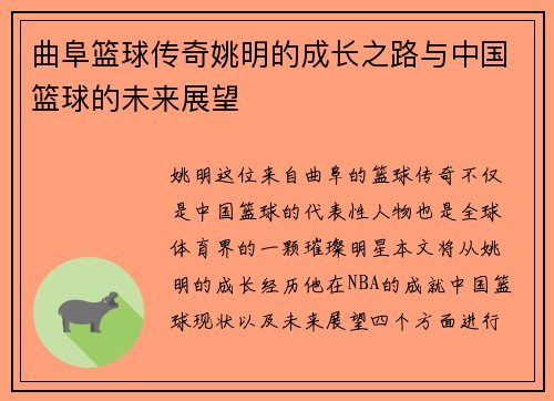曲阜篮球传奇姚明的成长之路与中国篮球的未来展望