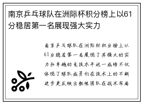 南京乒乓球队在洲际杯积分榜上以61分稳居第一名展现强大实力