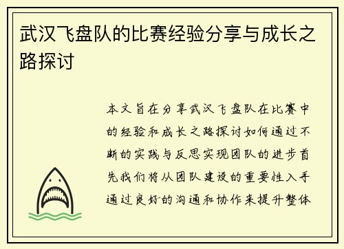 武汉飞盘队的比赛经验分享与成长之路探讨