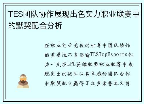 TES团队协作展现出色实力职业联赛中的默契配合分析