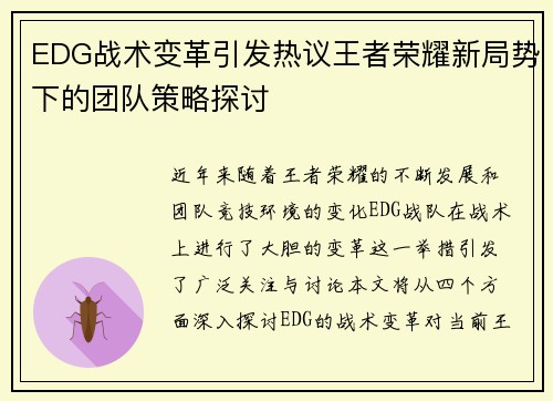EDG战术变革引发热议王者荣耀新局势下的团队策略探讨